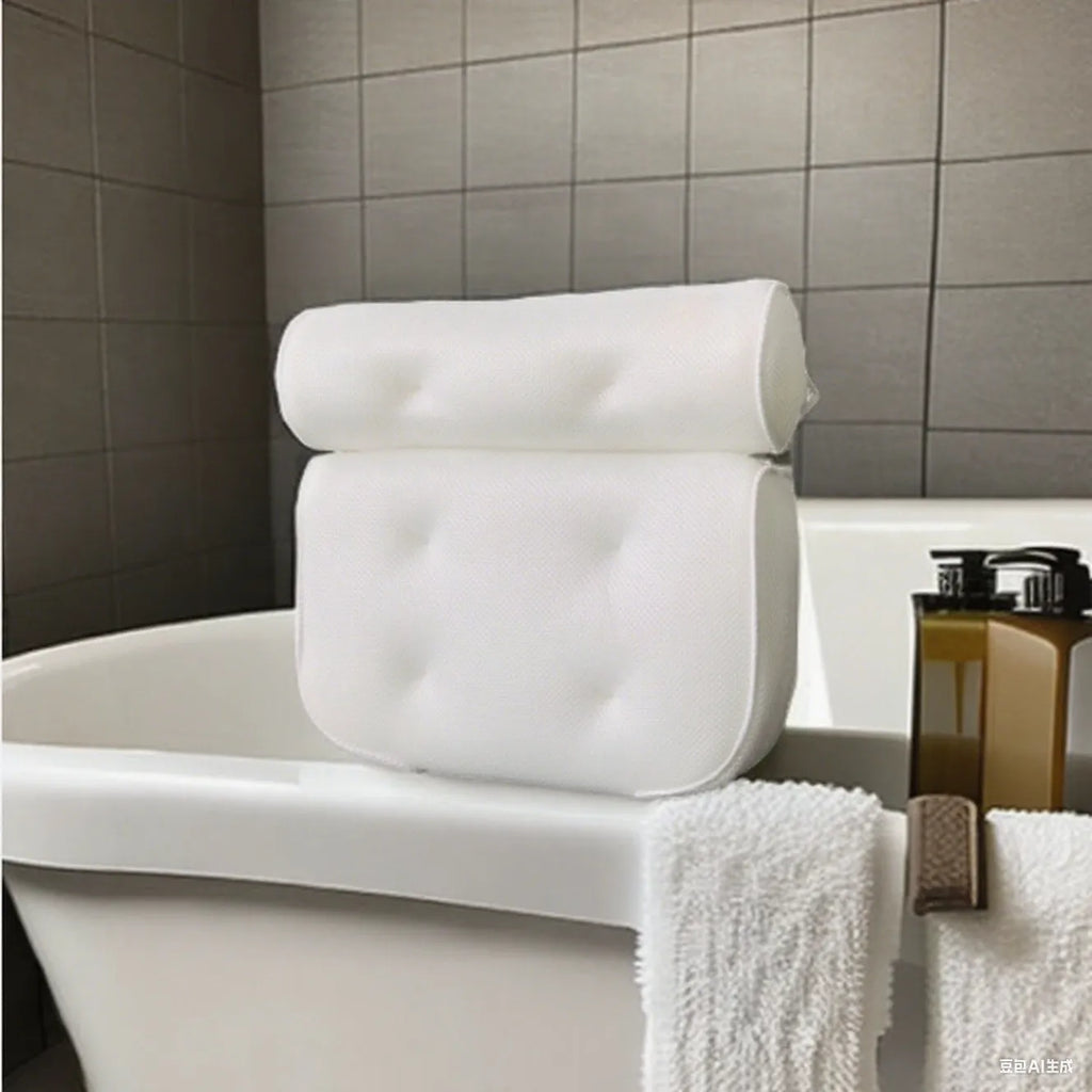 White 4D mesh bathtub pillow with suction cups on a bathtub