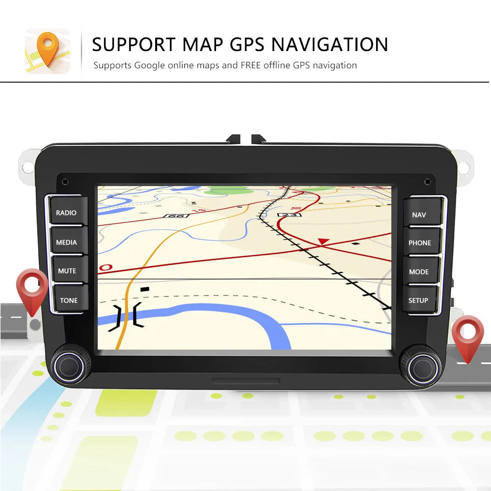 Volkswagen car dashboard with 7-inch Android touchscreen head unit showing navigation map.