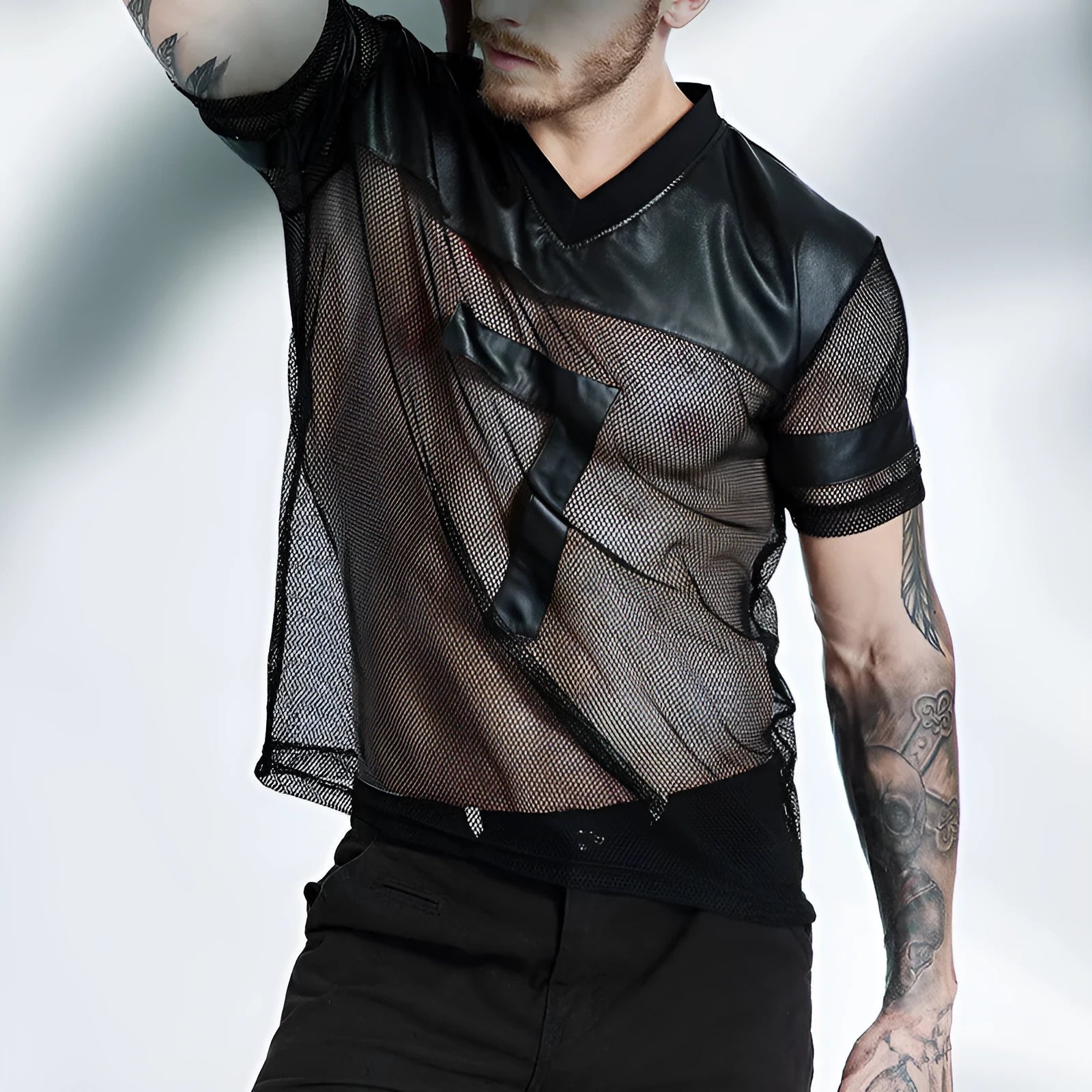 Black men's V-neck running t-shirt with mesh polyester fabric and short sleeves