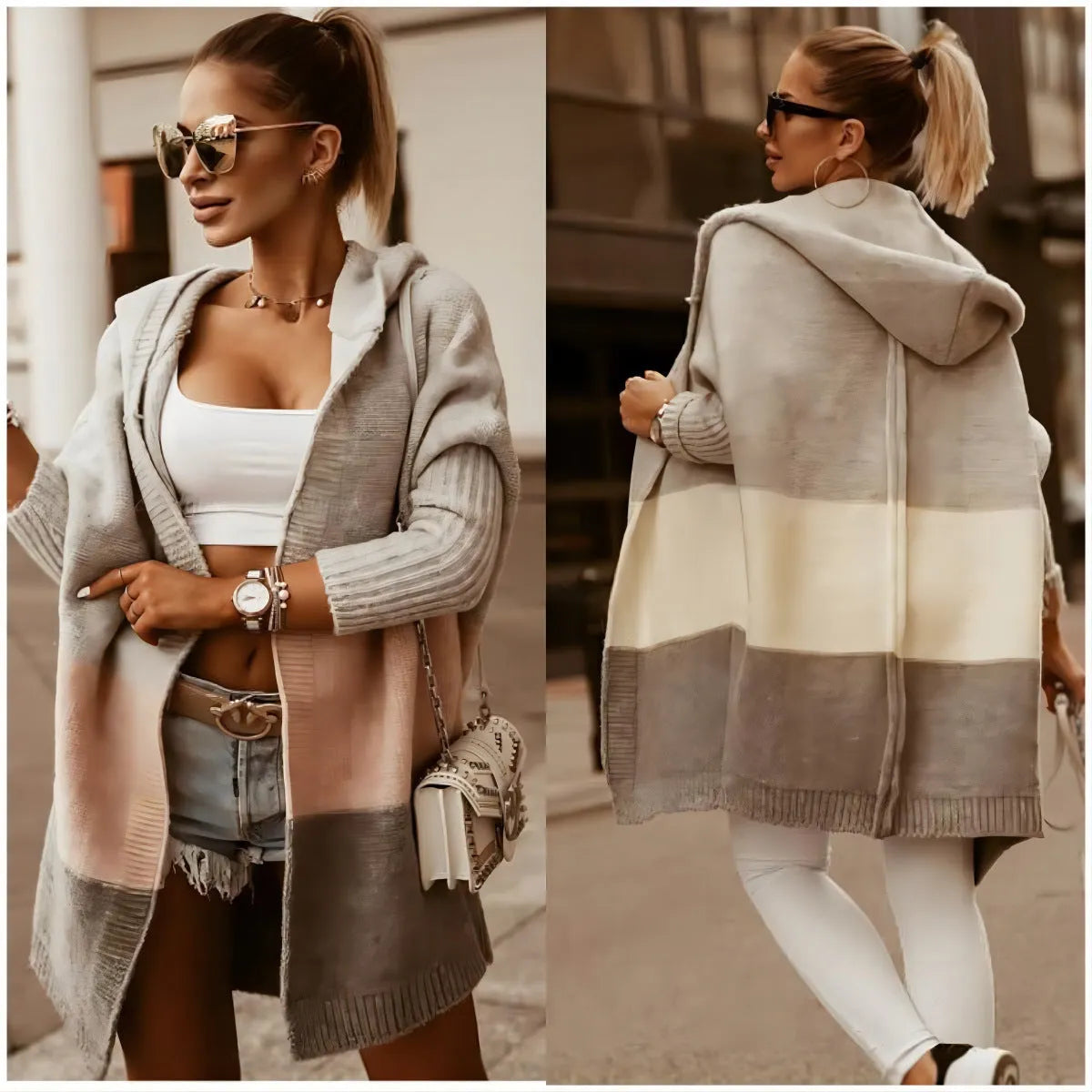 Women's hooded knit cardigan coat in pink or grey with colour matching pattern, long sleeves, loose fit, 65cm length