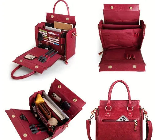 Large capacity genuine leather shoulder bag in light brown with horizontal square shape and retro sewing thread details