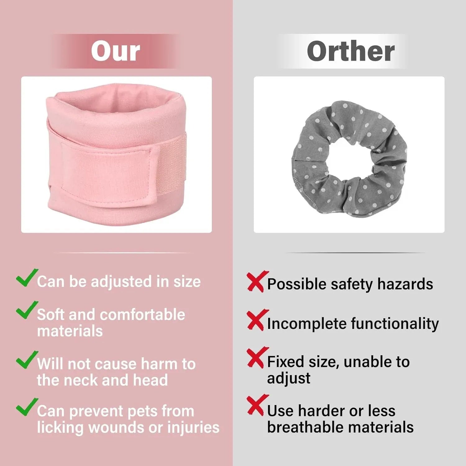 Soft cat cone recovery collar in grey and pink colours showing four size options