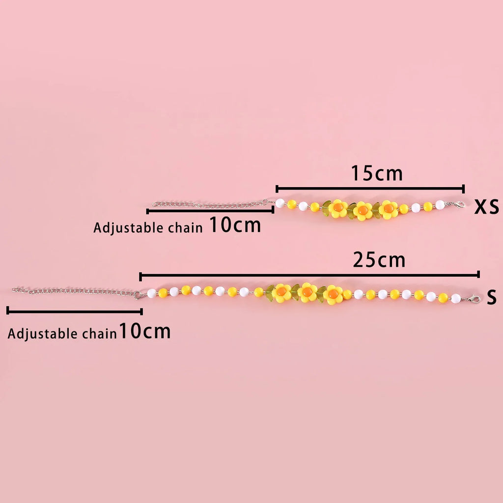 Colourful plastic pearl bead cat collar necklace showing rainbow, peach and small flower design options