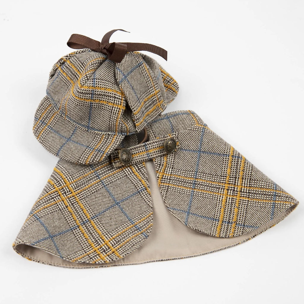 Camel coloured detective suit style cotton pet cloak with adjustable hat shown on dog model
