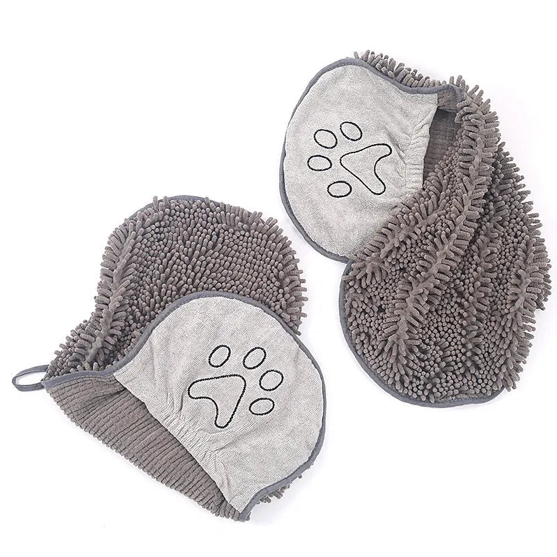 Grey chenille pet towel for dogs and cats, absorbent fibre bath towel supplied as one piece