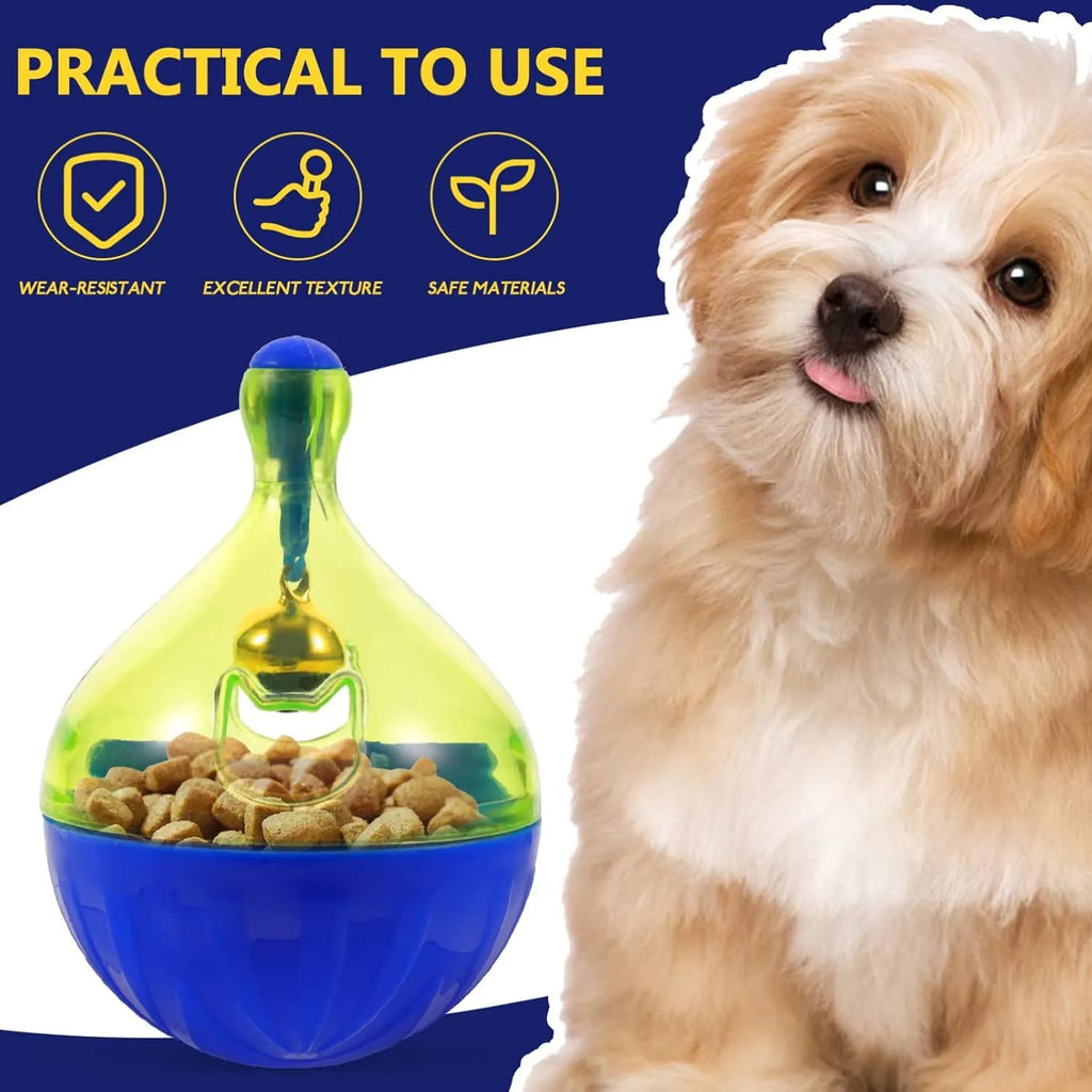 Small pet treat tumbler dispenser toy for dogs and cats with interactive food puzzle design