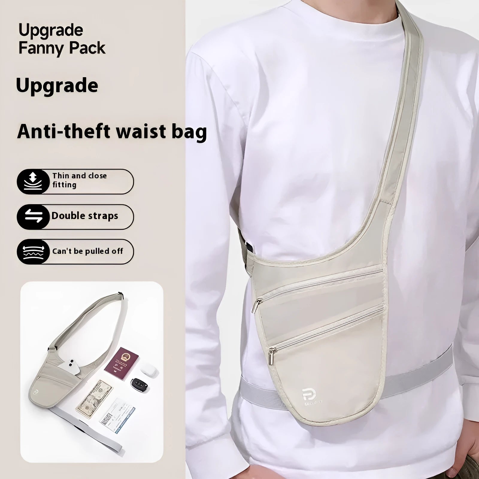 Anti-theft nylon document waist bag in solid colour for personal travel abroad