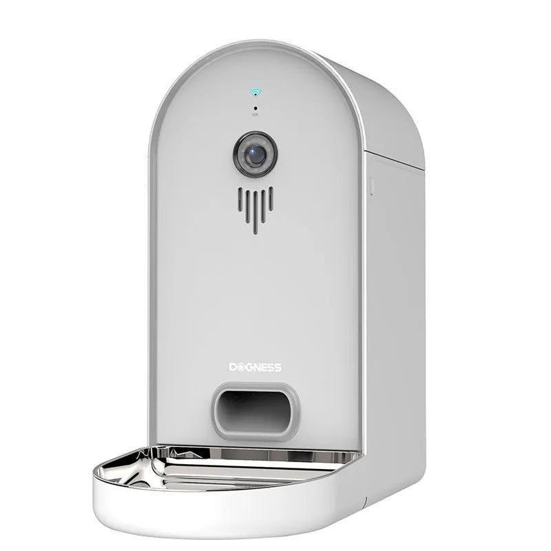 Smart automatic pet feeder with remote monitoring in Barbie pink and ivory white colour.