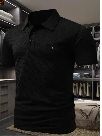 Men's loose fit short-sleeved lapel polo shirt in a solid colour on a hanger