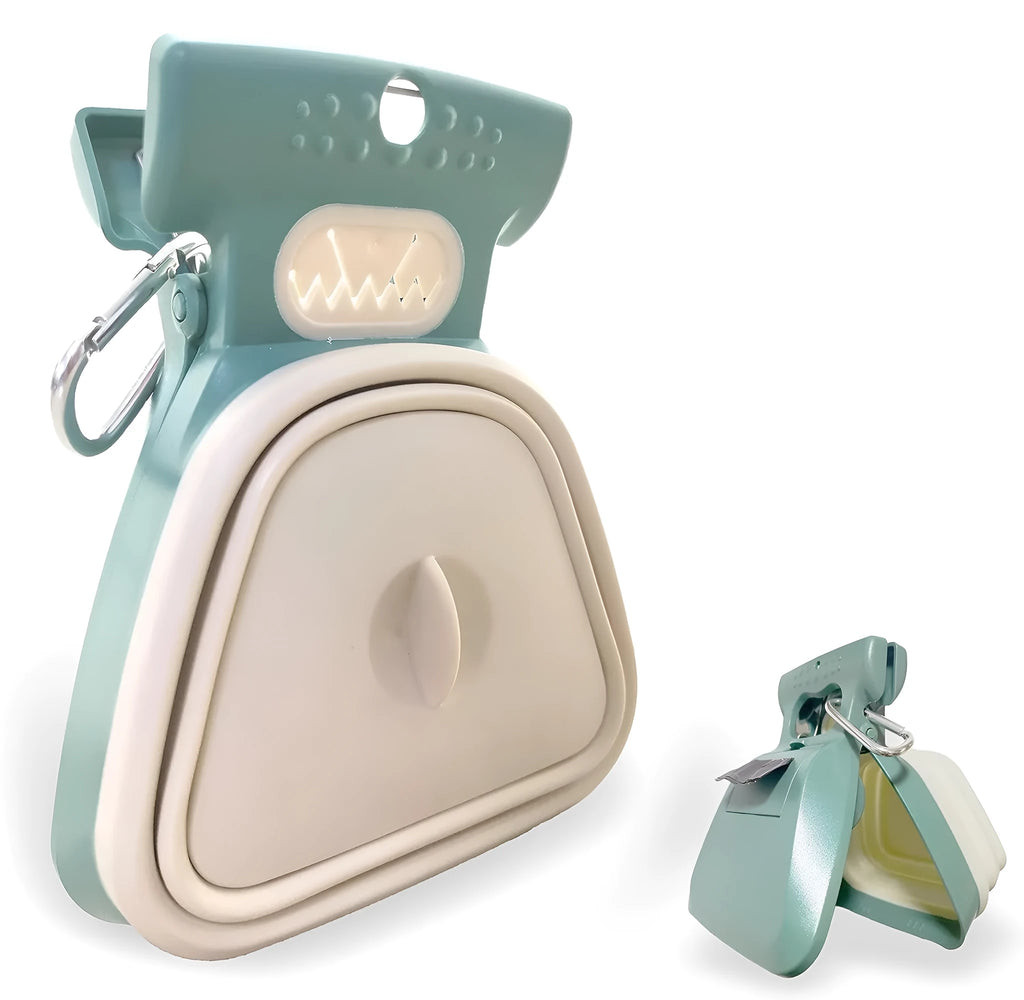 Blue handheld dog pooper scooper with foldable waste container and attached carabiner clip.