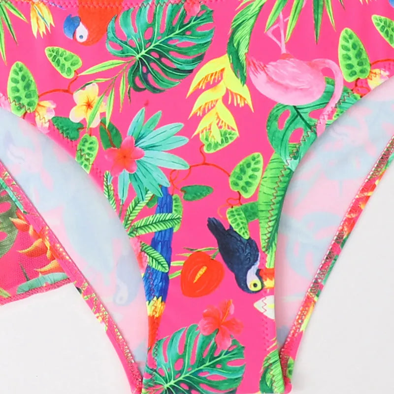 Floral print two-piece bikini swimsuit for girls on a mannequin.