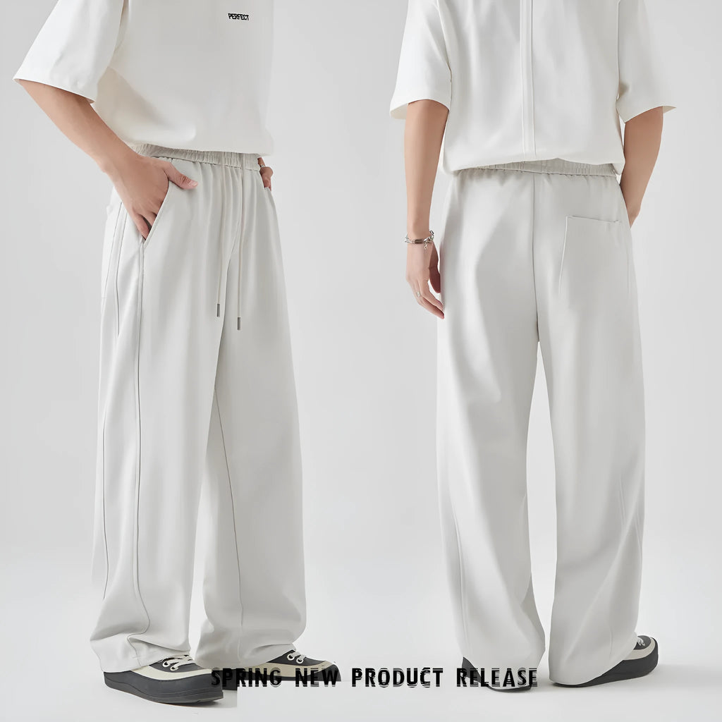 Men's casual straight-leg trousers in grey with a lace-up front and high waist design.
