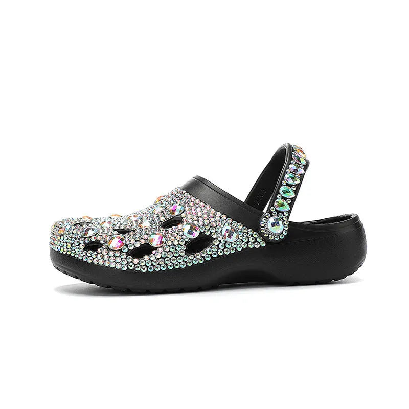 Black women's platform sandals with rhinestone decoration on the EVA upper.