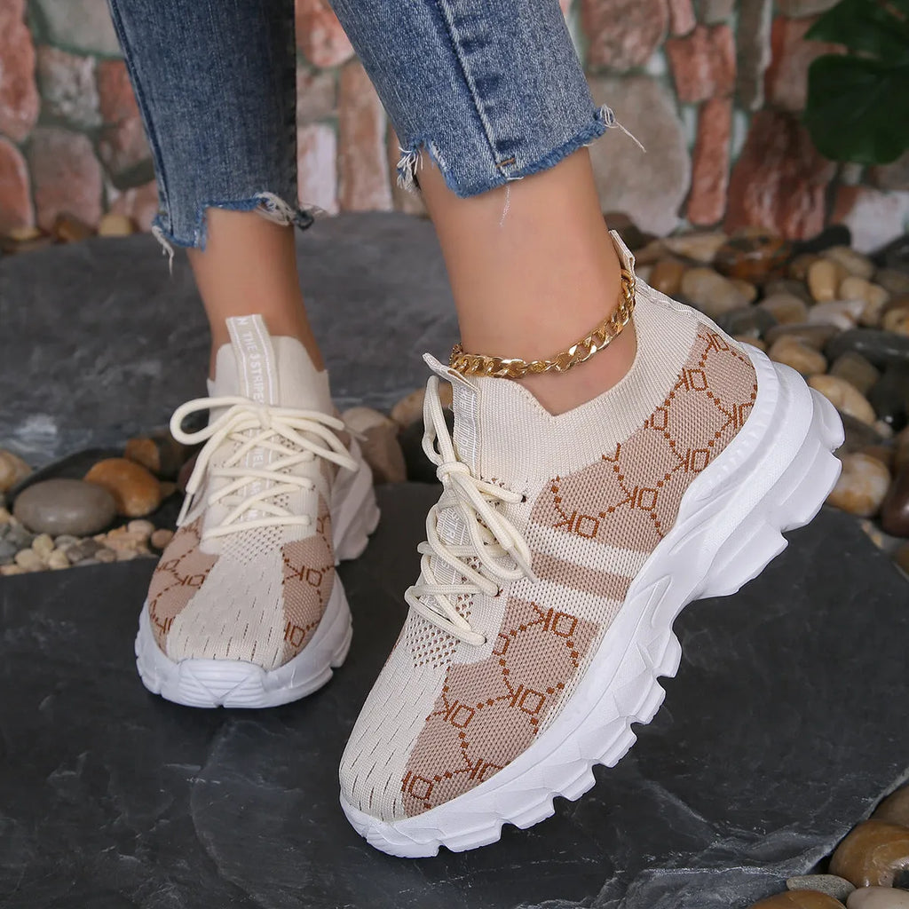 Women's breathable mesh lace up flat sneakers in light brown with rubber sole and round toe