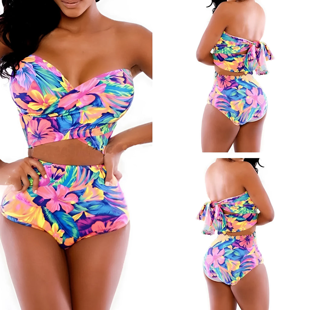 Red printed swimsuit two-piece with chest wrap top and matching pants