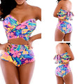 Red printed swimsuit two-piece with chest wrap top and matching pants