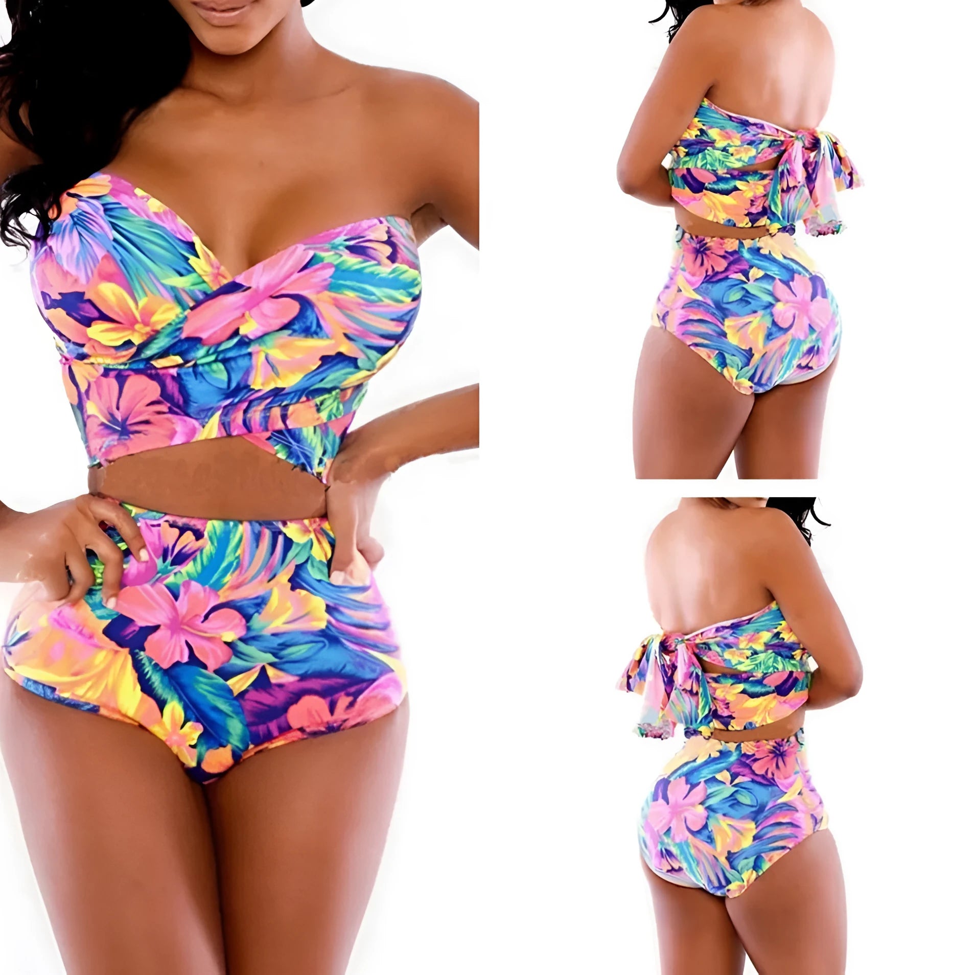 Red printed swimsuit two-piece with chest wrap top and matching pants