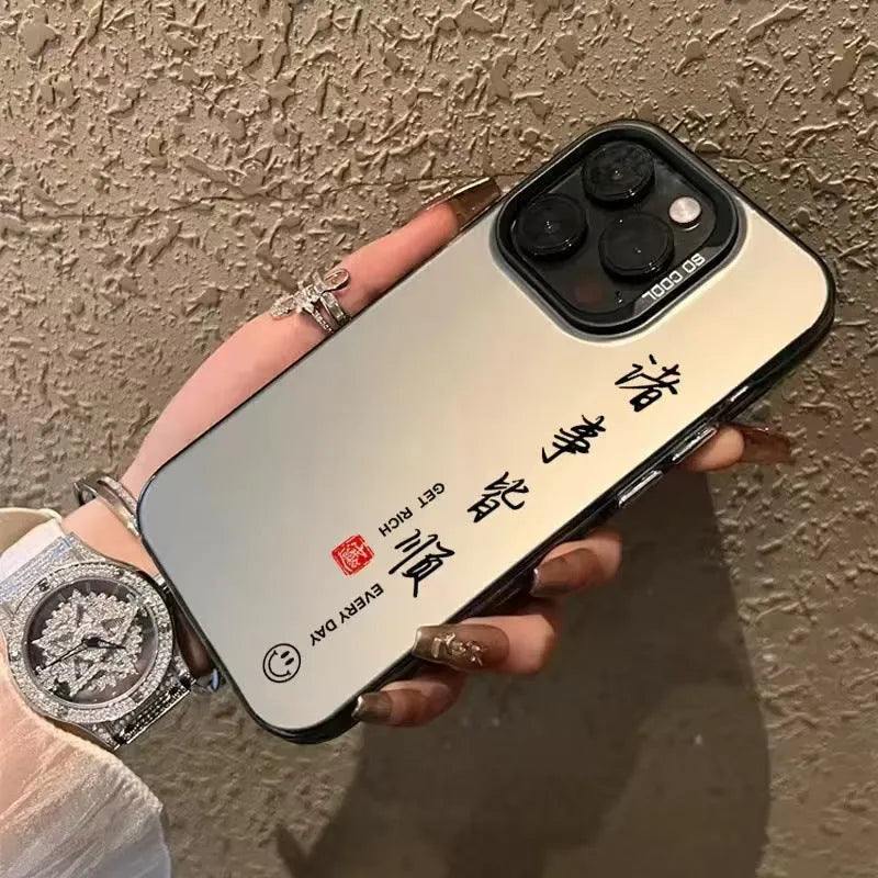 Black PC phone case for iPhone 16 with printed text design and anti-fingerprint finish