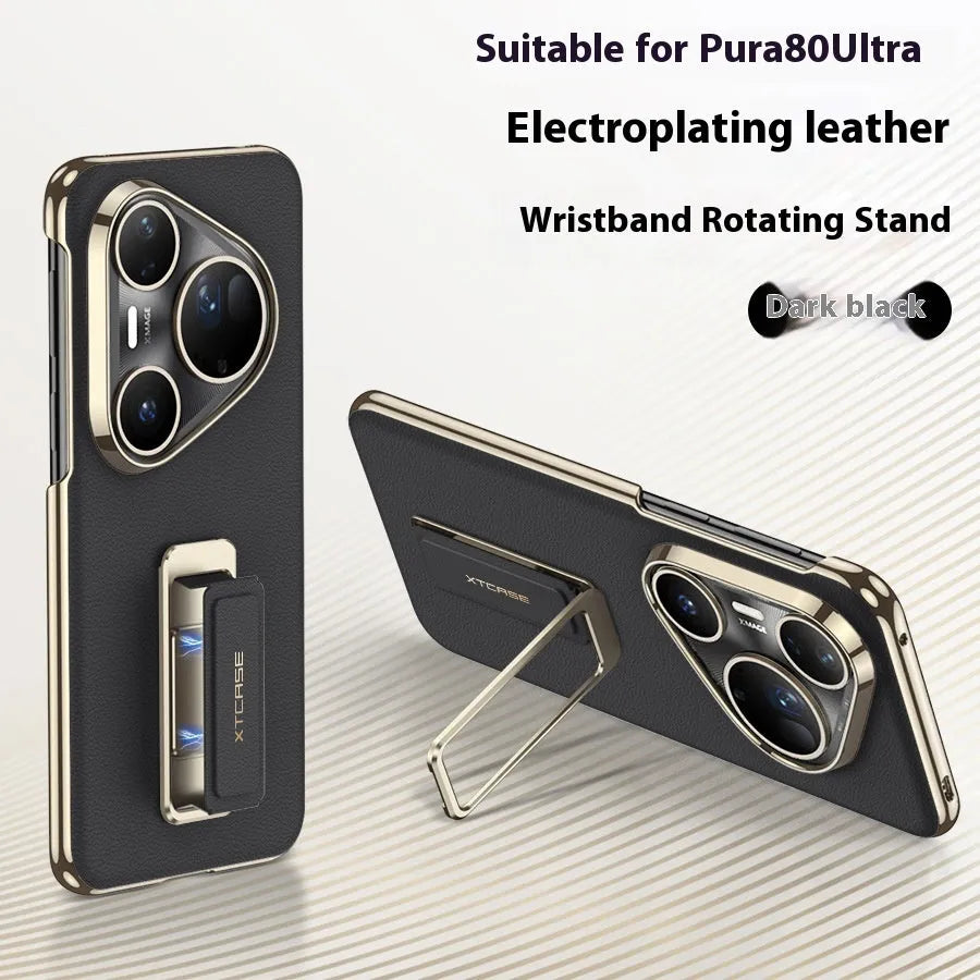Huawei Pura80Ultra imitation leather phone case with gold wrist strap and rotating bracket in bright gold, master red, and black colour options