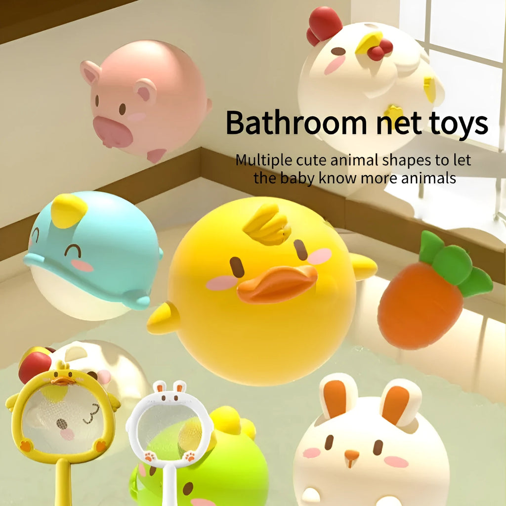Soft glue cartoon animal glow balls for children's bathroom play including chicken, dinosaur, and whale designs