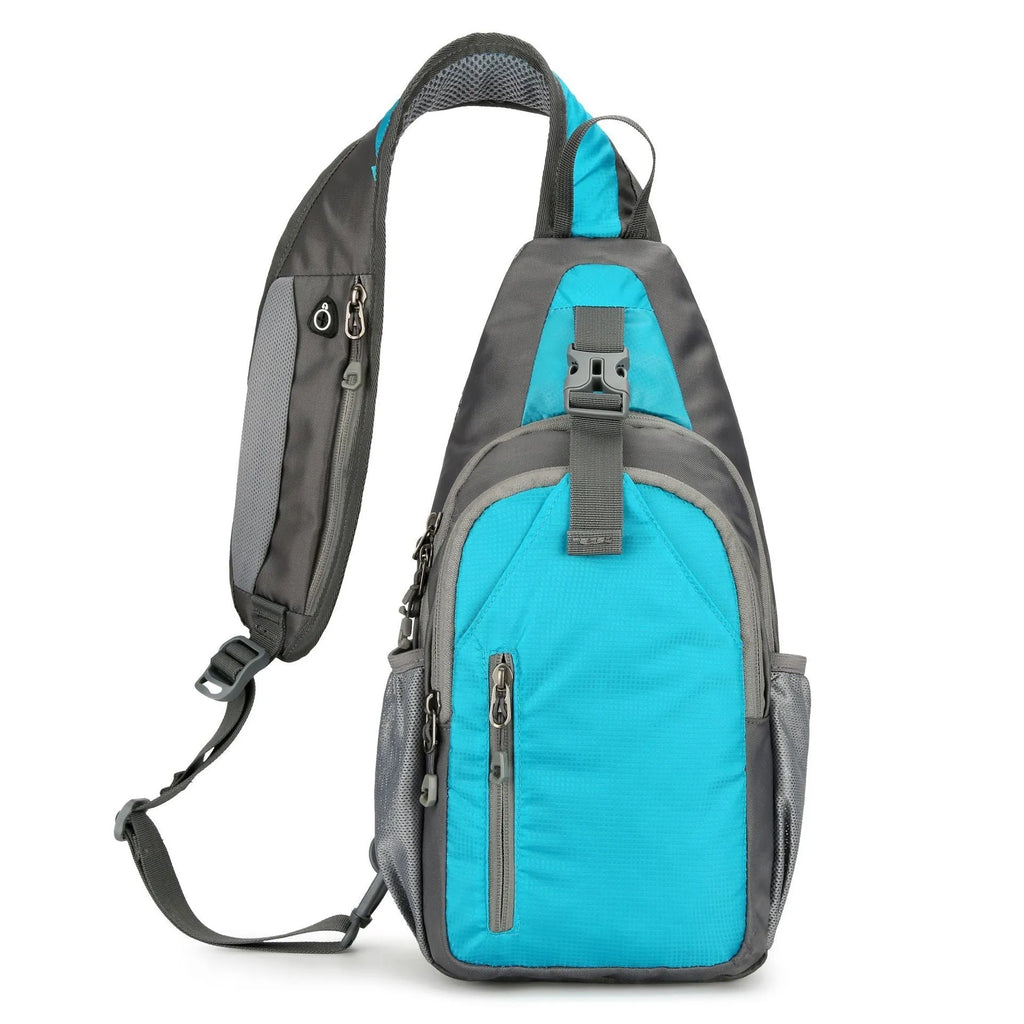 Unisex nylon crossbody chest bag in army green colour, shown worn casually.