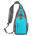 Unisex nylon crossbody chest bag in army green colour, shown worn casually.