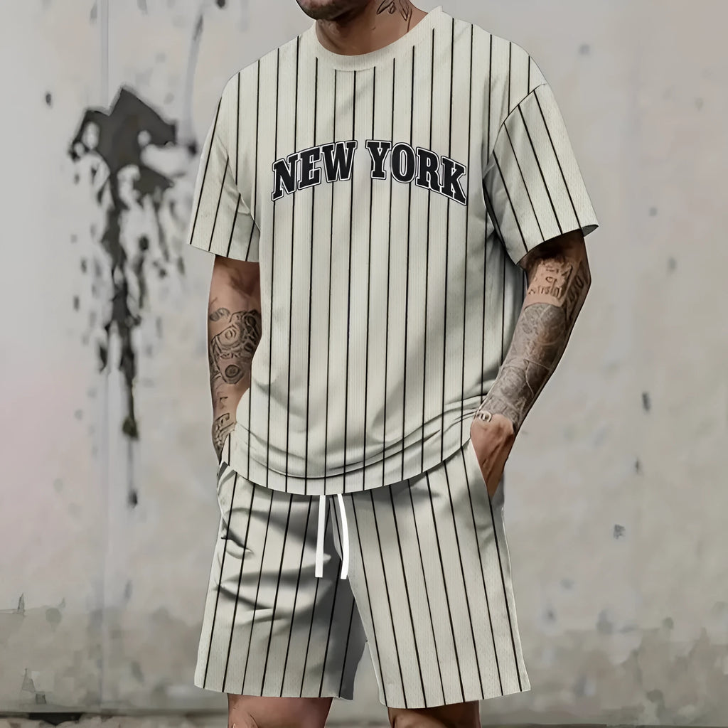 Men's 3D printed personality letter matching suit set with short sleeve top and shorts in polyester fabric