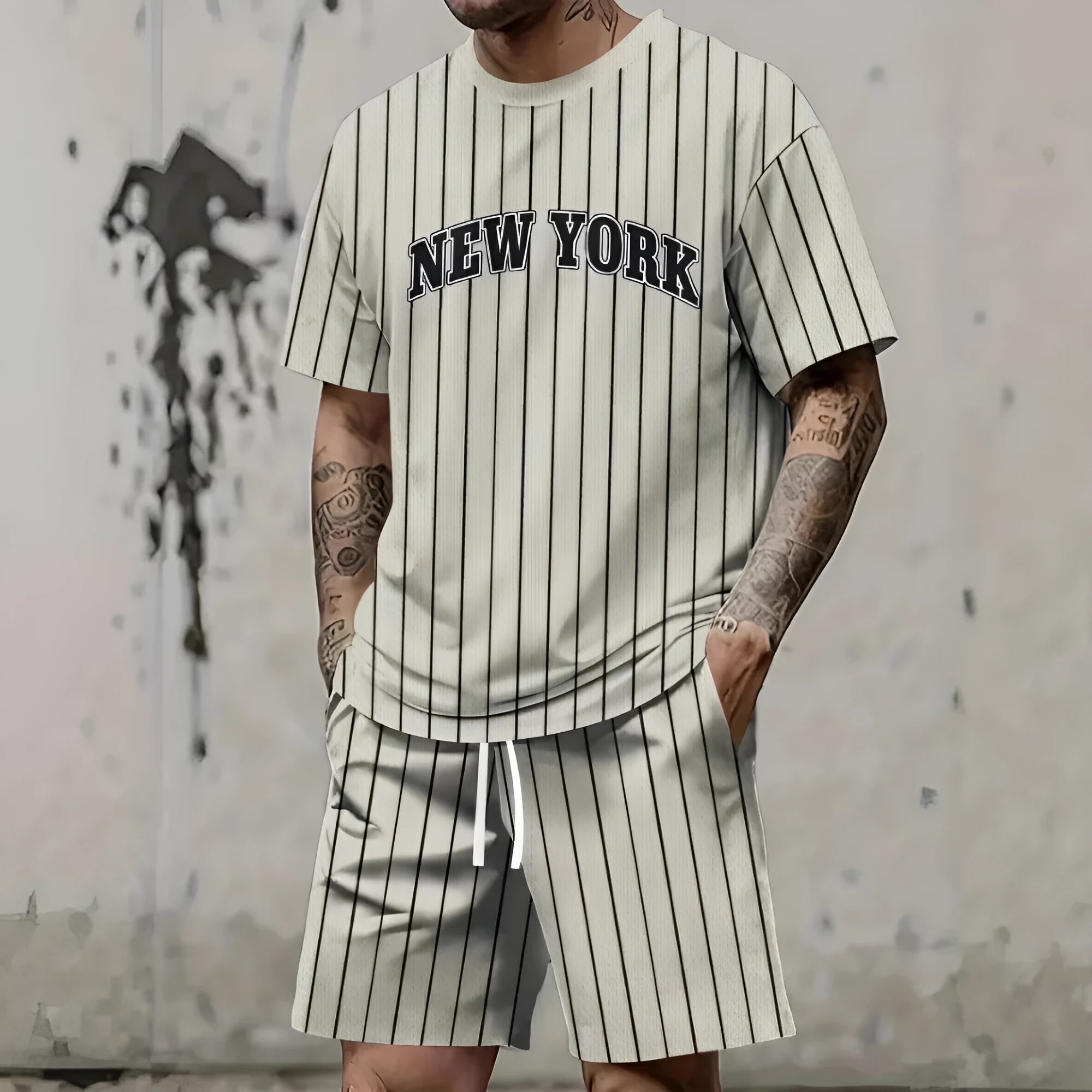 Men's 3D printed personality letter matching suit set with short sleeve top and shorts in polyester fabric