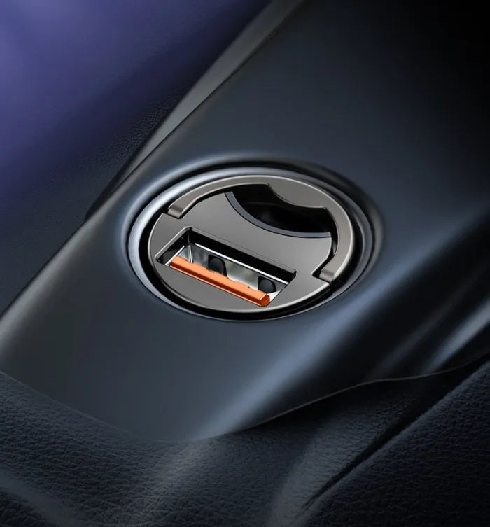 Grey Baseus Huixiaoxing 30W single USB car charger with a 1-metre cable.
