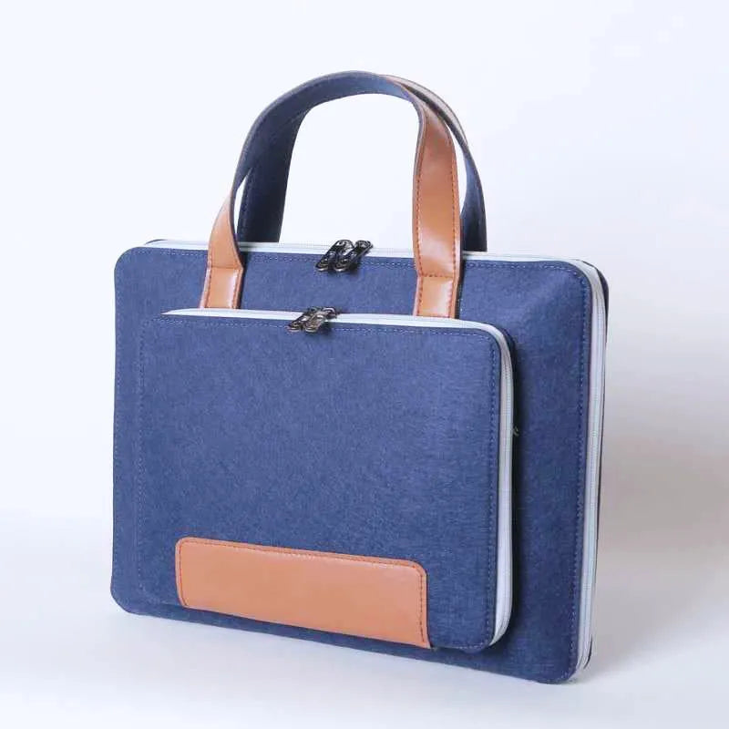 Colour-block felt laptop bag for 14-inch computer with pink zipper, Navy Blue and Dark Gray options, handheld style