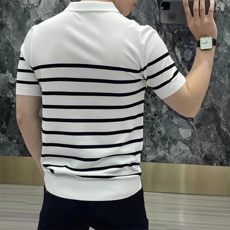 Black and white striped lapel knitted T-shirt pullover in chemical fibre blend fabric