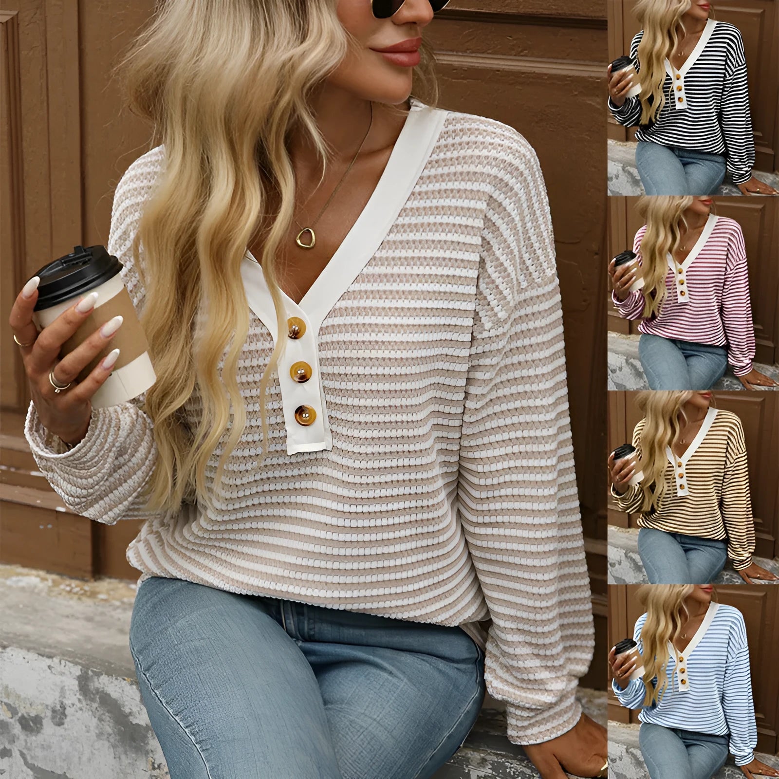 Women's V-neck patchwork casual pullover top in loose fit with long sleeves