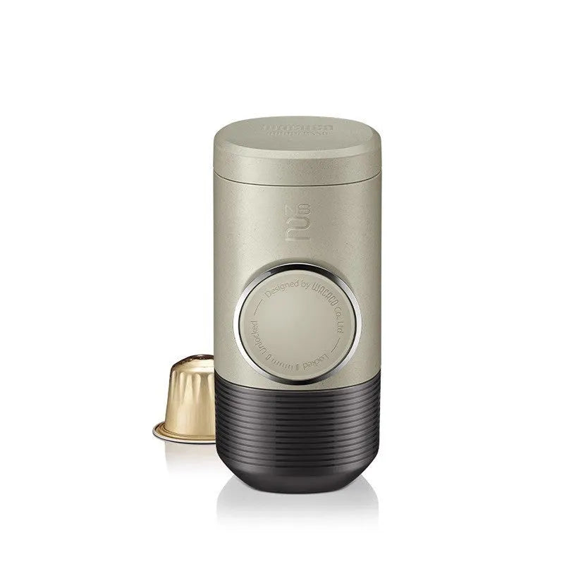 Manual espresso portable capsule coffee machine in olive gray with built-in cup and storage bag