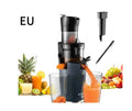 Large diameter low speed juice extractor with plastic body and wide feed chute for whole fruits