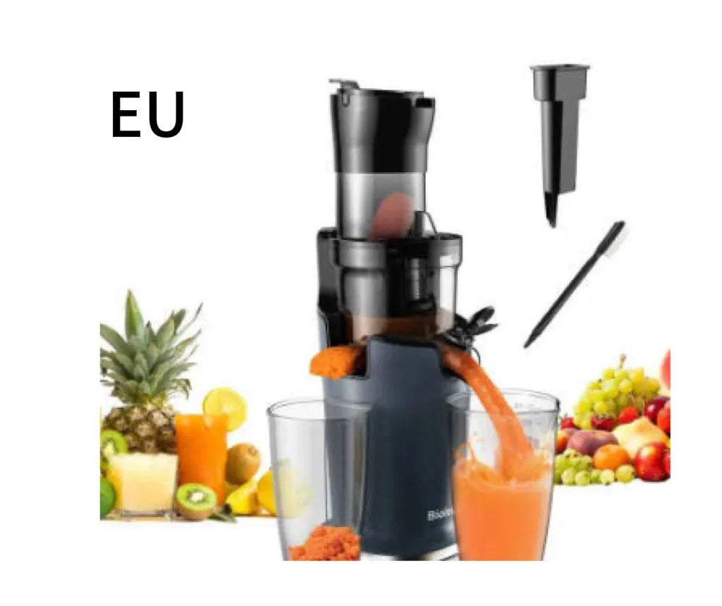 Large diameter low speed juice extractor with plastic body and wide feed chute for whole fruits