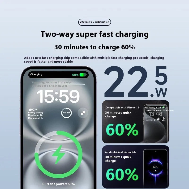 Moon White portable power bank 20000mAh 22.5W with screen and built-in cable on table