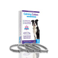 Pack of four dog anxiety relief collars in TPR, showing black, blue, grey, orange, pink, and purple monochrome dog patterns.