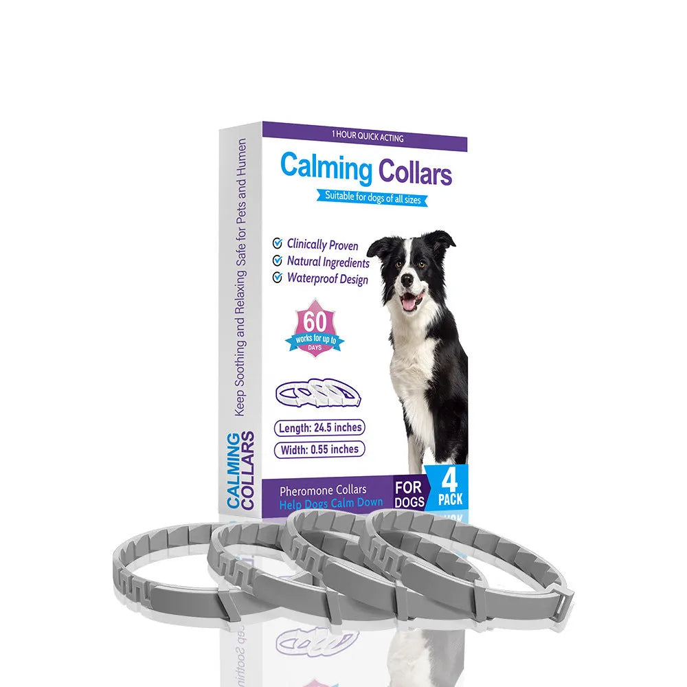 Pack of four dog anxiety relief collars in TPR, showing black, blue, grey, orange, pink, and purple monochrome dog patterns.