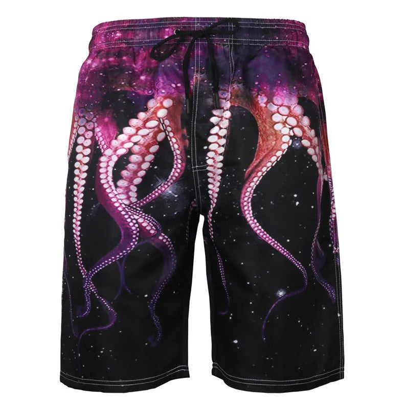 Men's plus size beach shorts with octopus print, straight-leg polyester, available in multiple colours