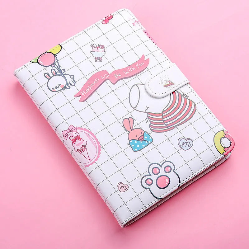Small white Kaba Bear Hippo portable notebook with magnetic buckle closure showing 135mm x 185mm dimensions