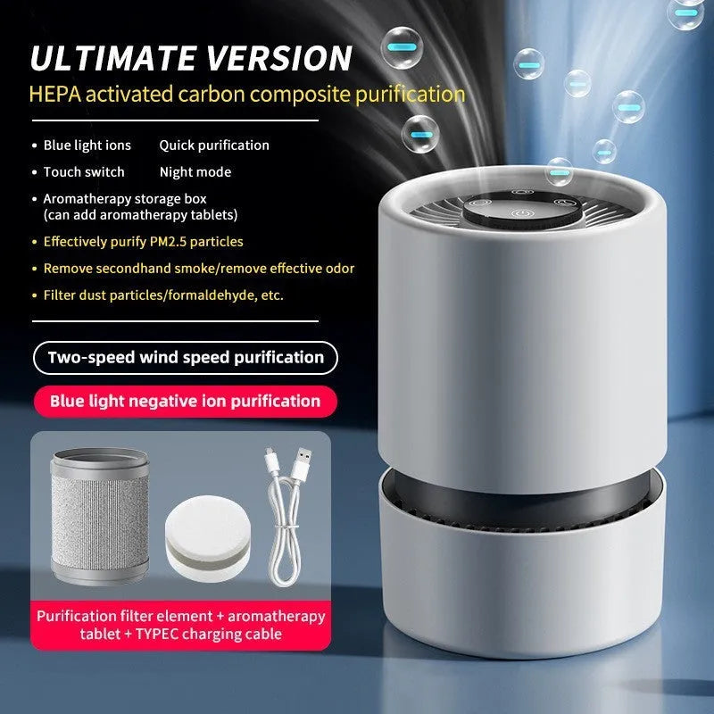 White desktop air purifier for small rooms with USB power connection