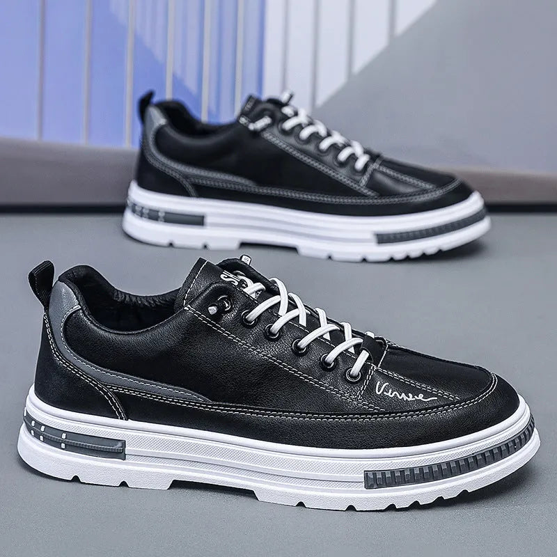 Men's black and white platform sneakers with elastic bands and round toe design