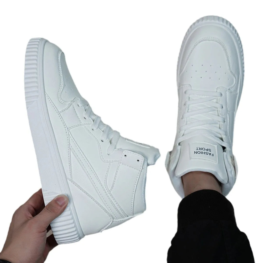 Men's white round toe casual microfiber shoes for autumn and winter leisure wear.