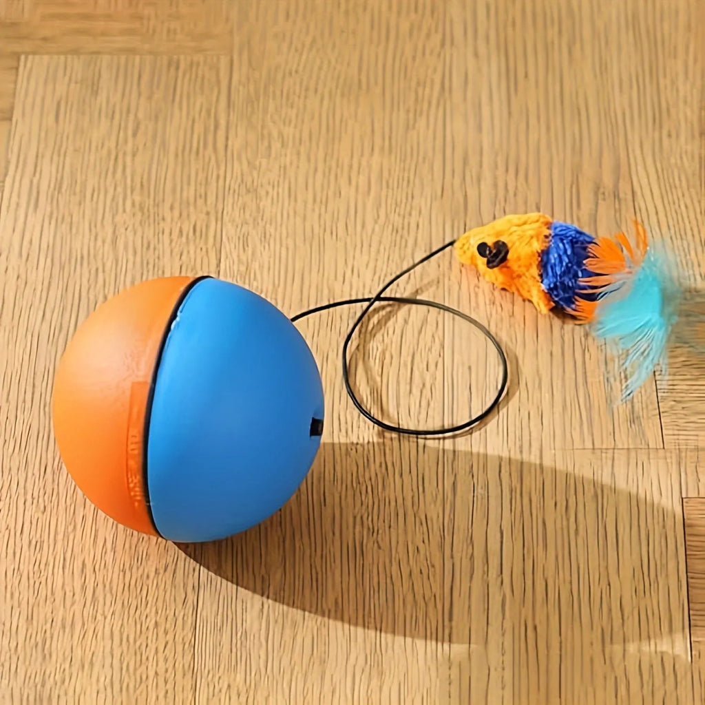Grey plush mouse cat toy with blue and orange details measuring 8.5cm