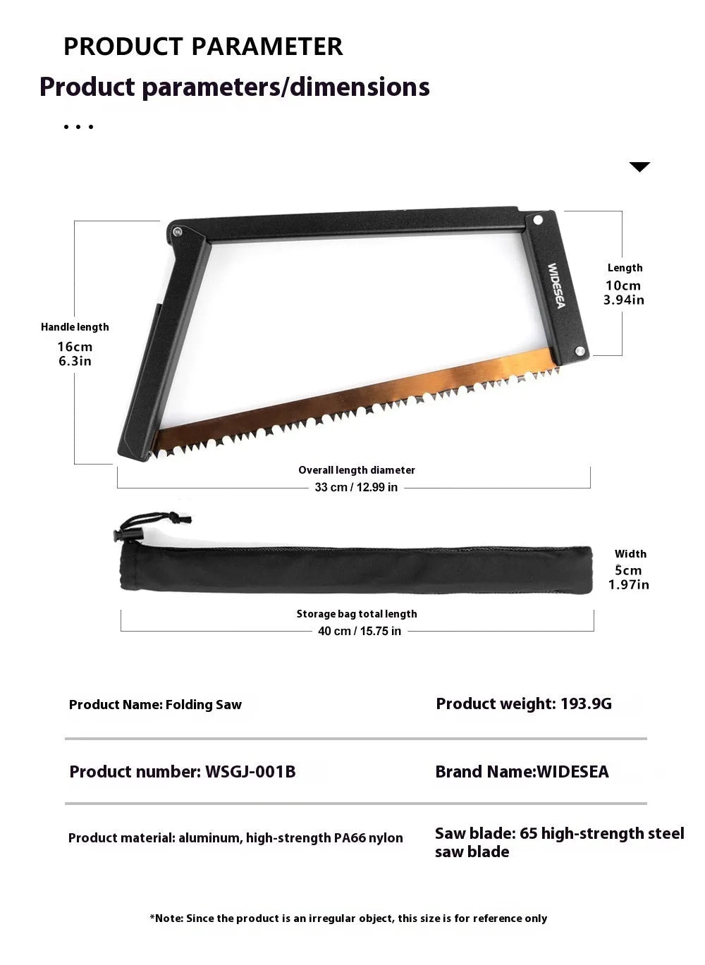 Black outdoor foldable saw with aluminium handle shown in open and closed positions.