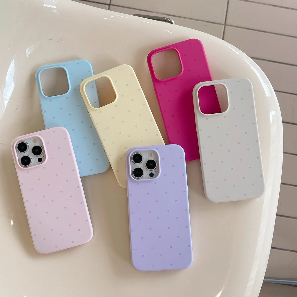 Liquid silicone phone case with love heart design in grass purple for iPhone 13, showing all-inclusive fit