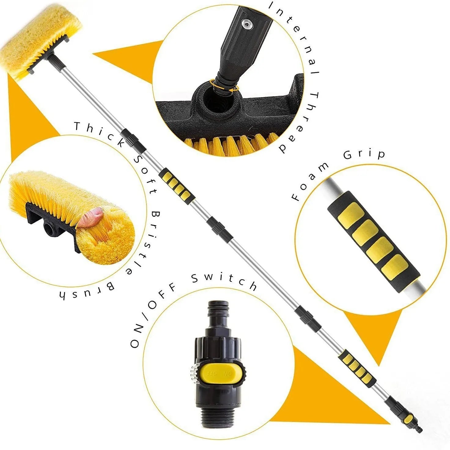 Yellow portable car wash brush with four-section removable rod and flow-through brush head