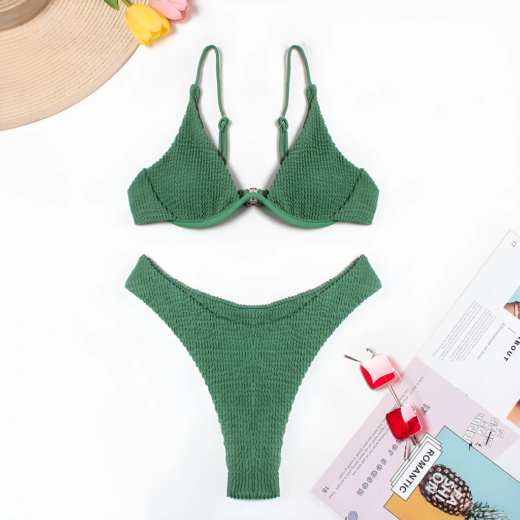 Green women's bikini suit with ruffle detail and briefs bottom