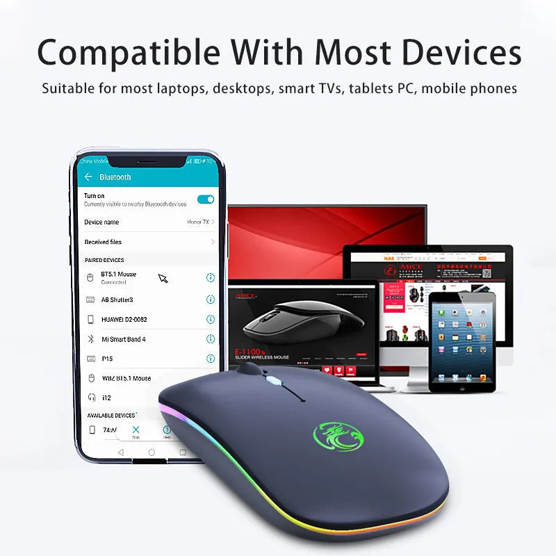 Black and white dual-mode wireless silent mouse with luminous charging scroll wheel on a desk.