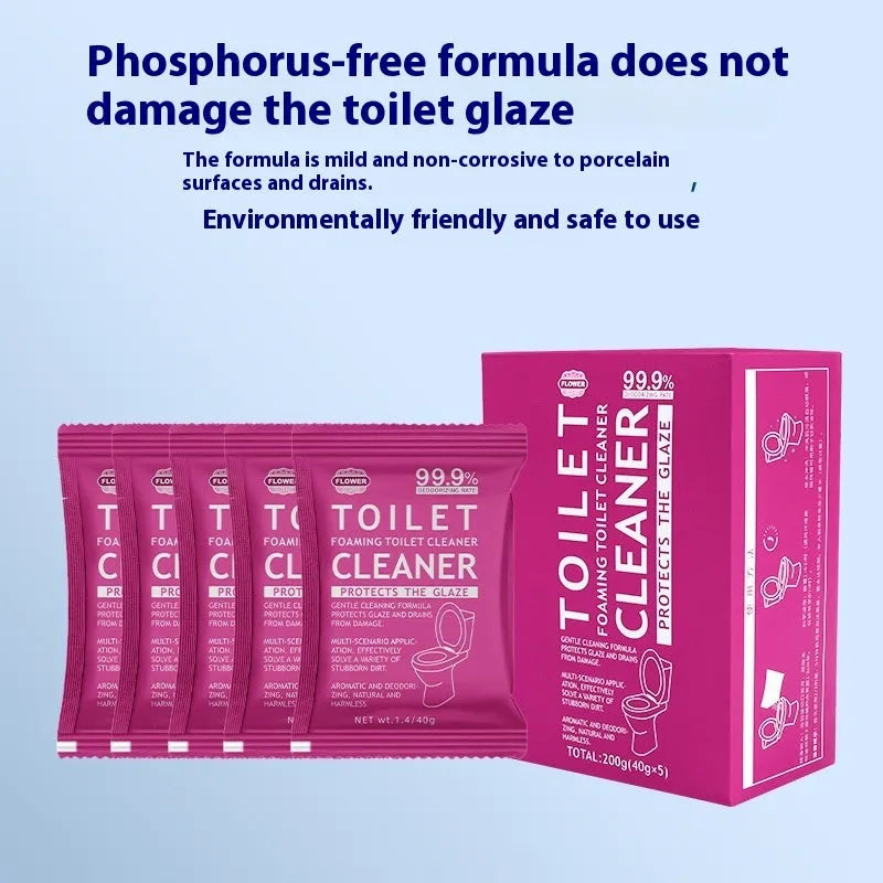 Toilet bubble effervescent cleaning powder in blue or pink fragrance, showing 240g bag and box of 40g sachets.
